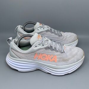 Hoka Women's Light Gray and Coral Athletic Running Shoes